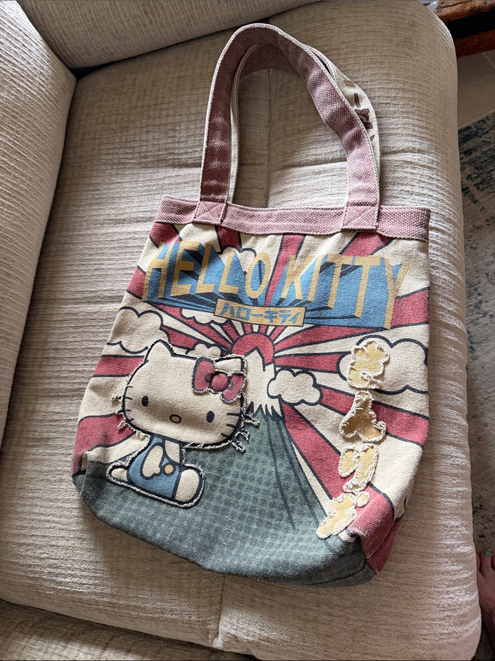 Hello Kitty Vintage-Style Pink and Blue Canvas Tote featuring Mount Fuji